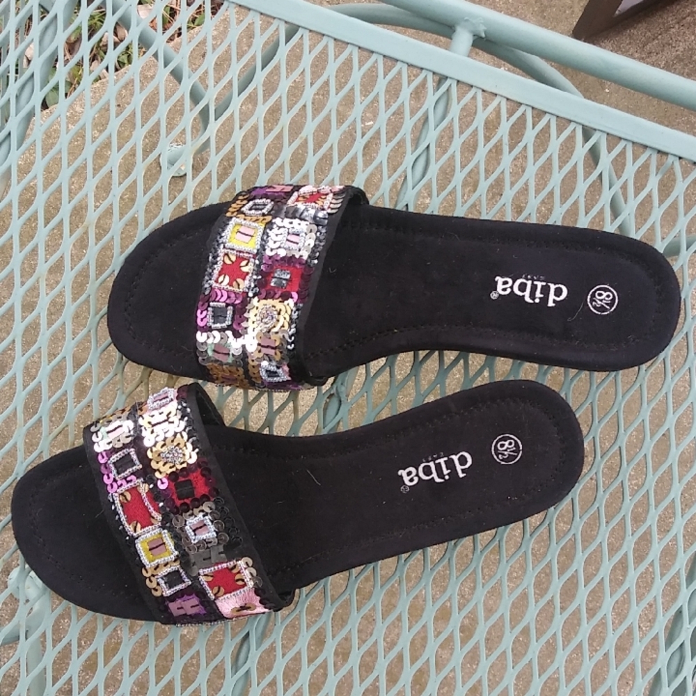 Sequin Embellished Black Flat Sandals Flats